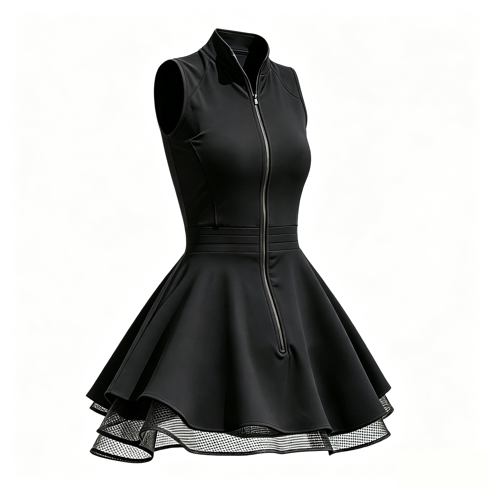 Black tennis dress with front zip neckline and built-in shorts — Crayon talk activewear