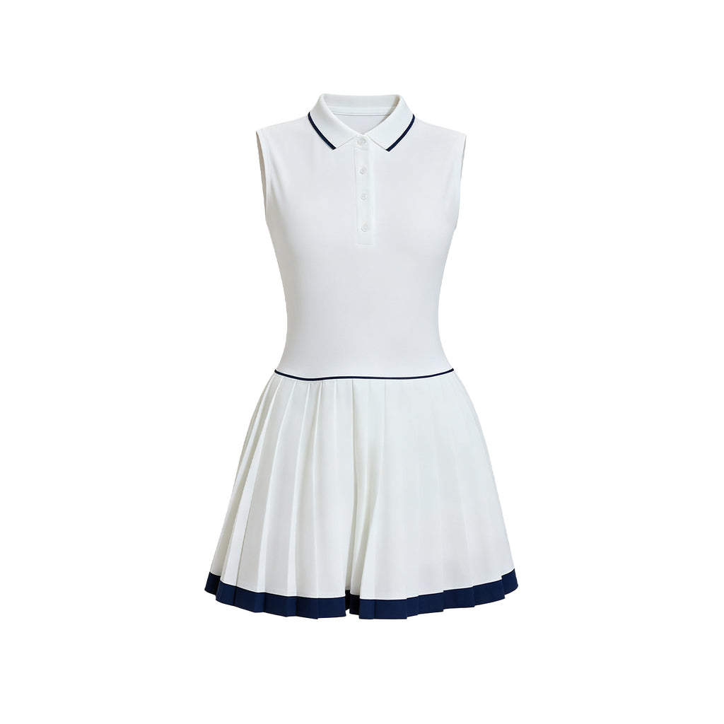 Women's polo pleated tennis dress in white with contrast trim and built-in shorts