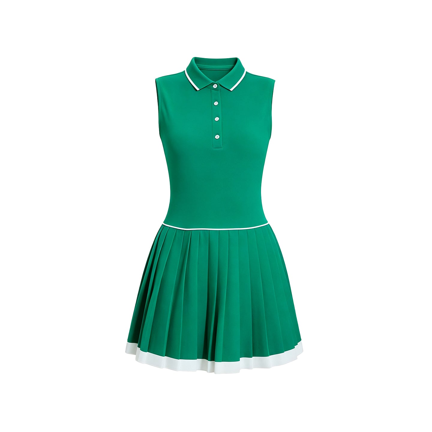 Women's polo pleated tennis dress in green with contrast trim and built-in shorts