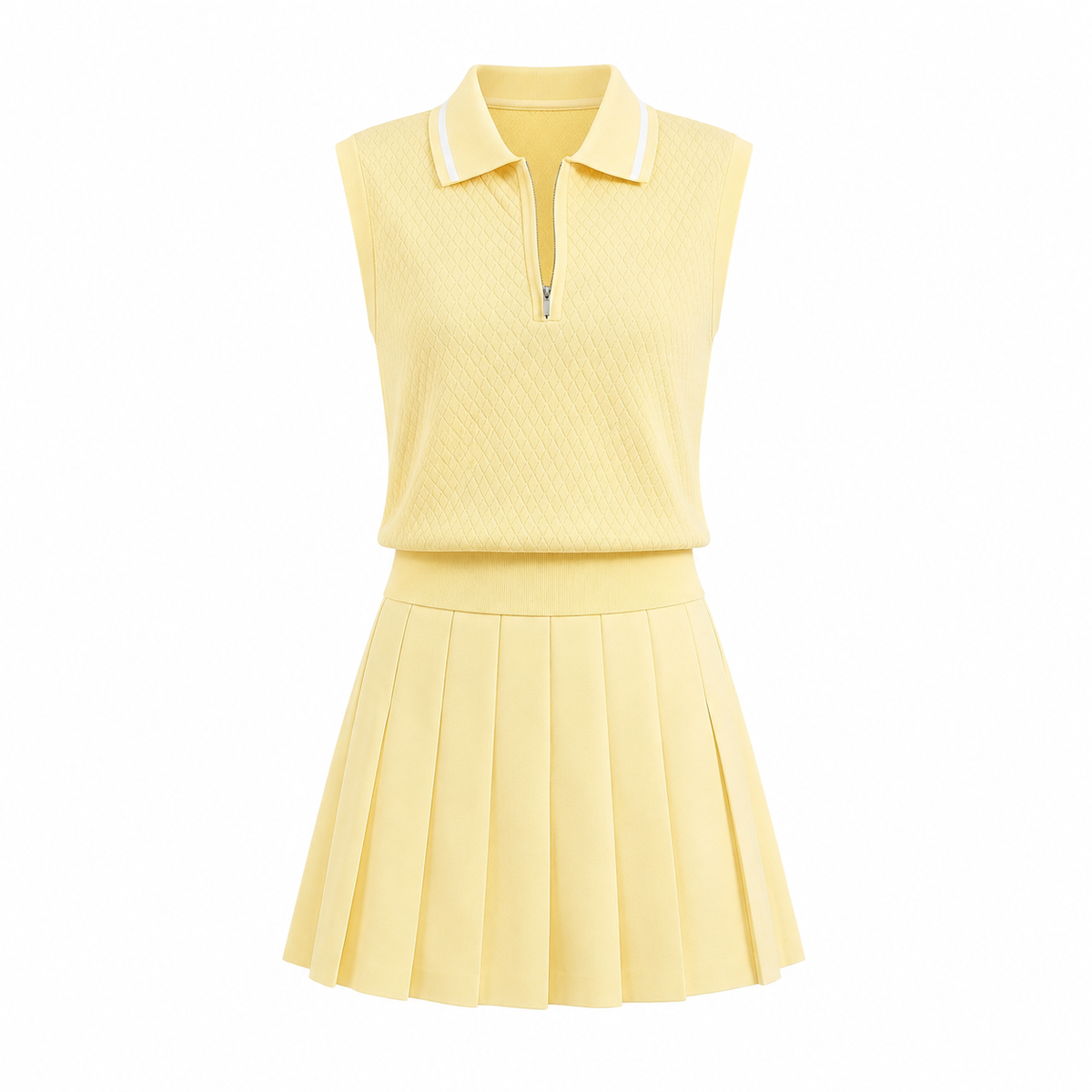 Clubhouse Knit Tennis Outfit in yellow — sleeveless polo and pleated skirt set, flat lay — Crayon talk